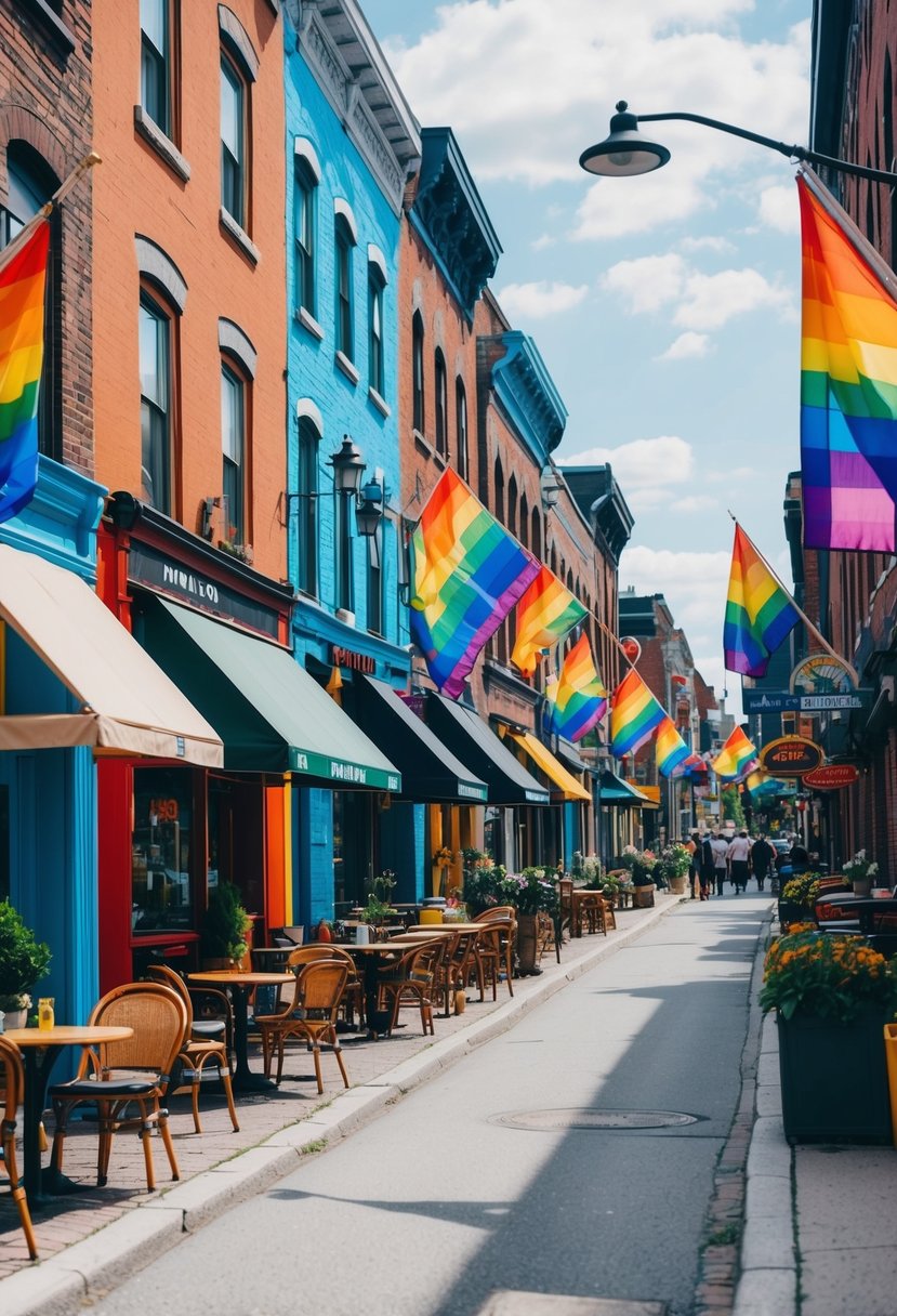 A colorful and vibrant street in Montreal, Canada lined with charming cafes and rainbow flags, showcasing the city's welcoming and inclusive LGBTQ community