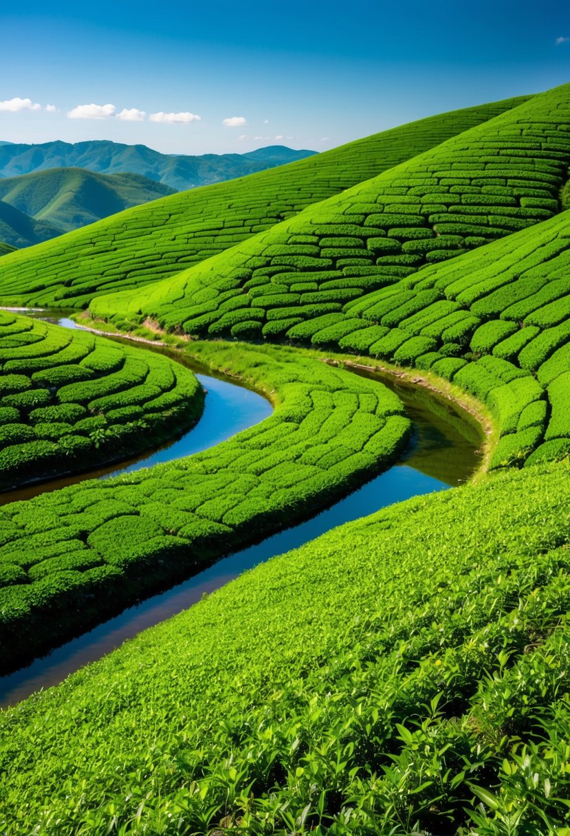 Rolling hills of vibrant green tea fields stretch to the horizon under a clear blue sky, with a tranquil stream winding through the landscape