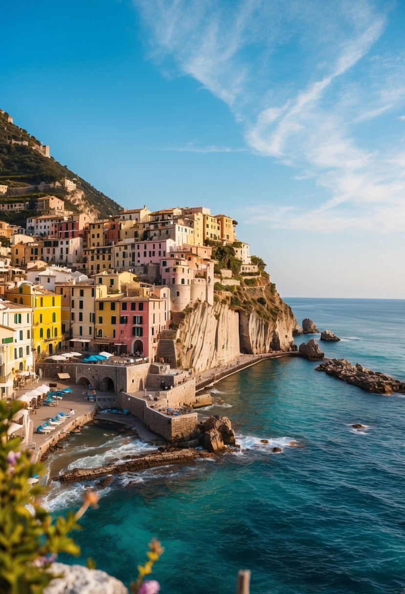 A picturesque coastal town in Italy with colorful buildings cascading down the cliffside into the azure waters of the Mediterranean Sea