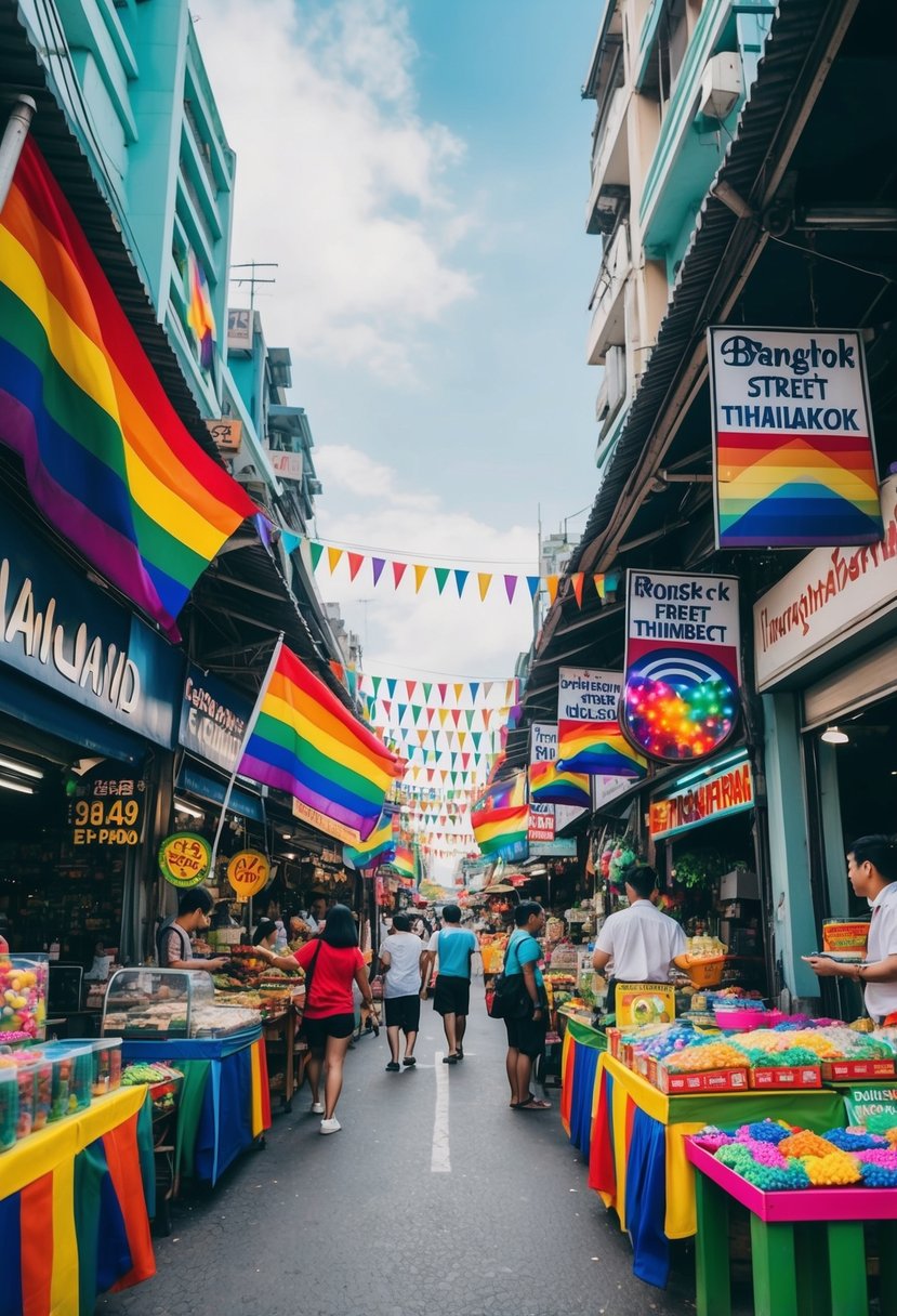 A colorful and vibrant street market in Bangkok, Thailand, with rainbow flags and LGBTQ-friendly signs adorning the storefronts