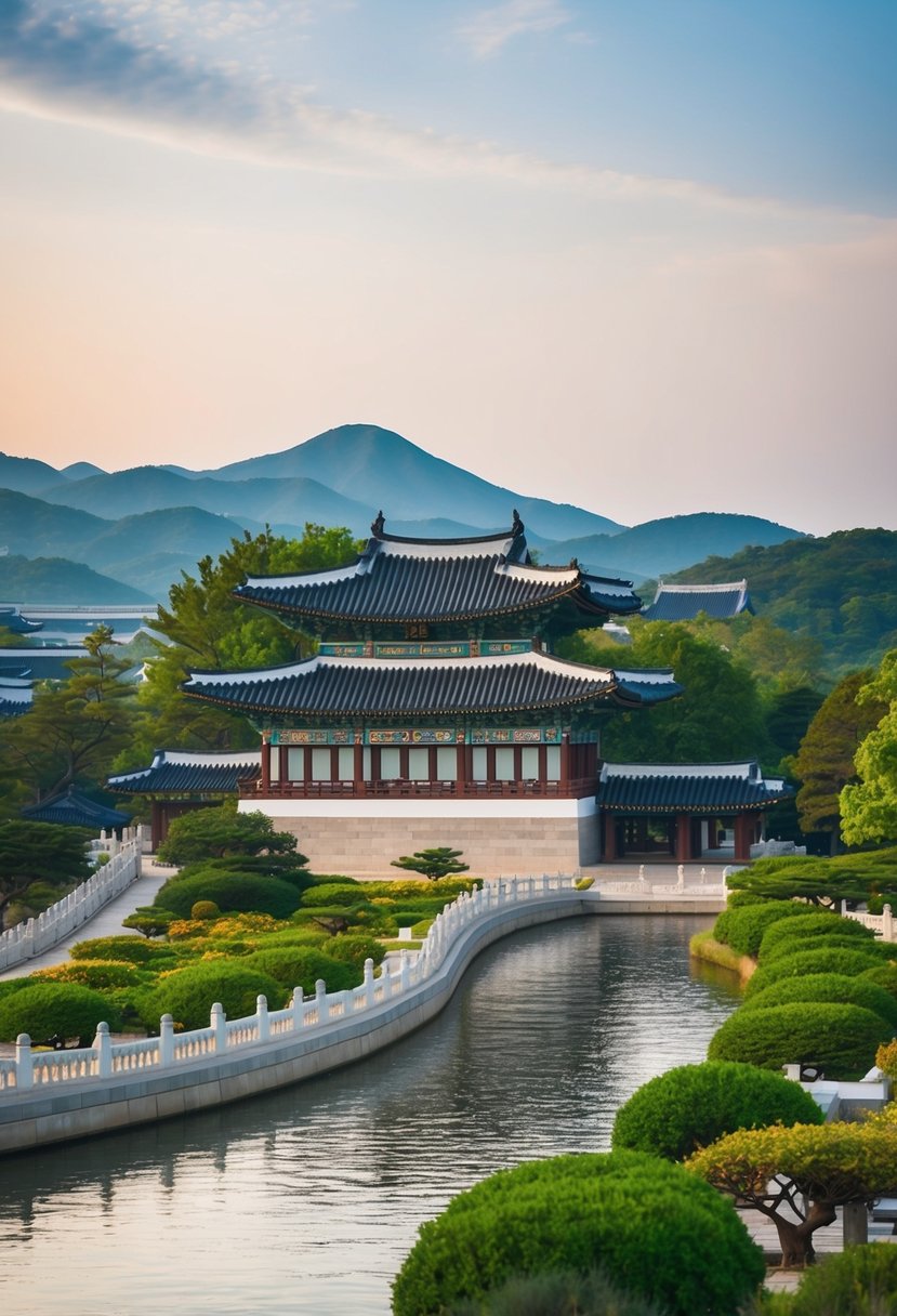 A serene landscape of Suwon, South Korea's honeymoon destinations, featuring traditional architecture, lush gardens, and tranquil waterways