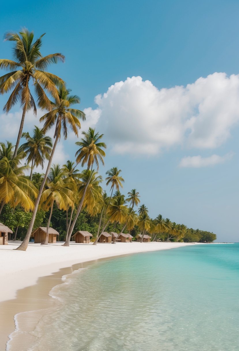 A serene beach with crystal clear water, white sand, and lush palm trees lining the shore. A couple of small wooden huts can be seen in the distance