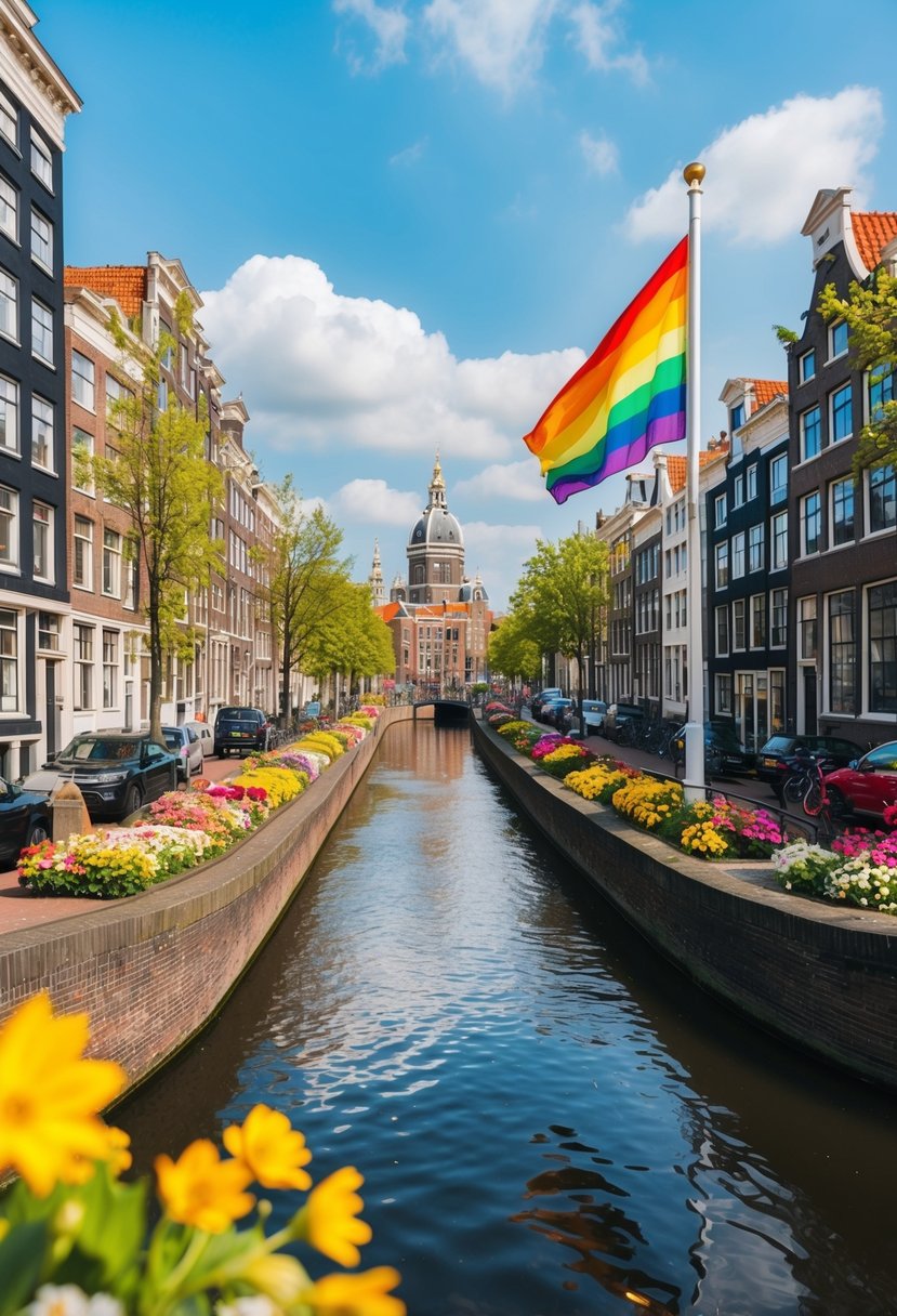 A picturesque canal in Amsterdam lined with colorful buildings and blooming flowers, with a rainbow flag flying in the distance