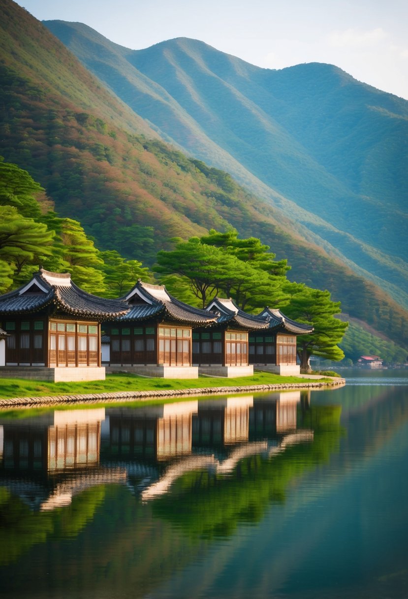 A serene lakeside with traditional Korean hanok houses nestled among lush green mountains in Andong, South Korea