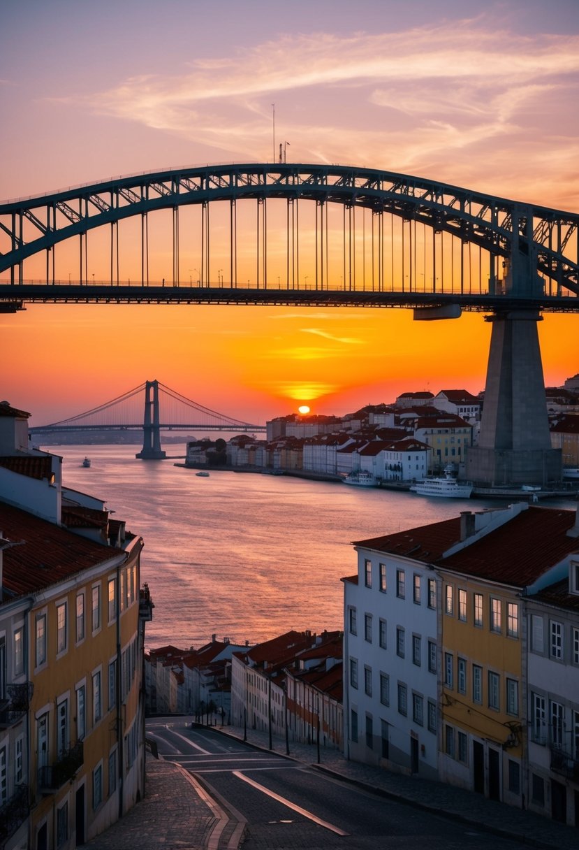 A colorful sunset over the Tagus River, with the iconic Ponte 25 de Abril bridge in the background, and the charming streets of Lisbon's old town in the foreground