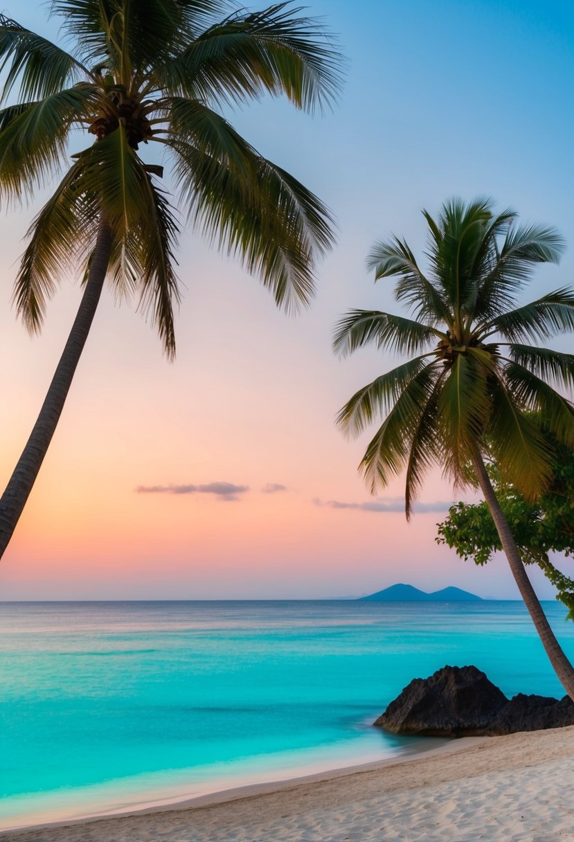 A serene beach with clear turquoise waters, palm trees, and a colorful sunset over the horizon in Bali, Indonesia