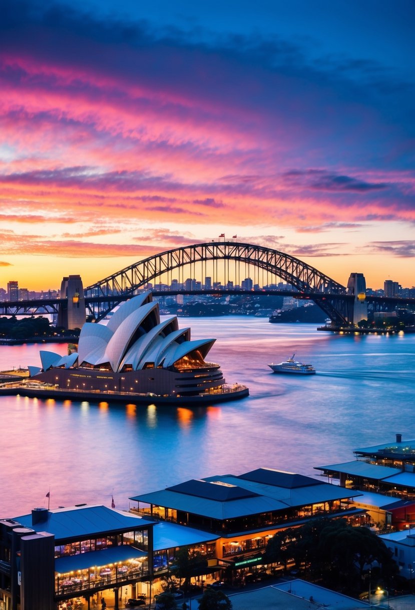 A colorful sunset over Sydney Harbor with the iconic Opera House and Harbor Bridge in the background, surrounded by vibrant LGBTQ-friendly bars and restaurants