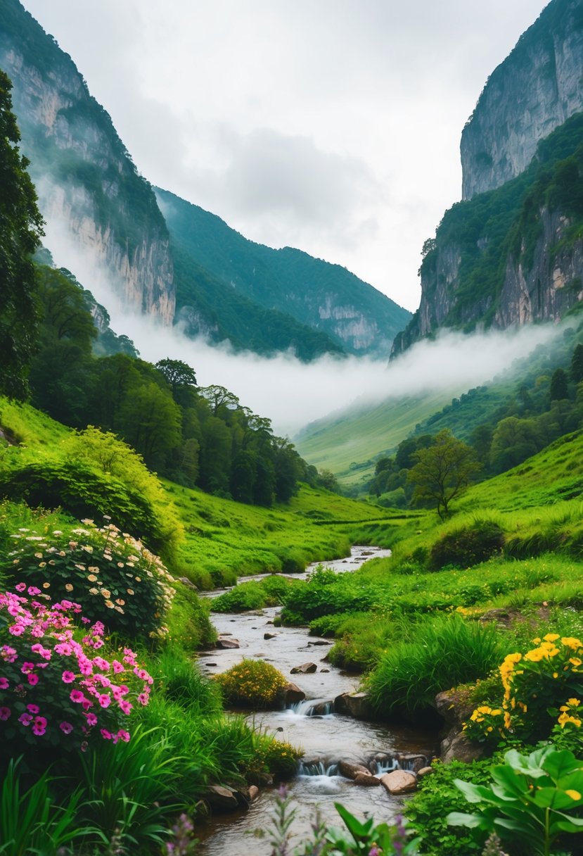 A serene valley with lush greenery, flowing streams, and colorful flowers, nestled beneath towering cliffs and surrounded by misty mountains