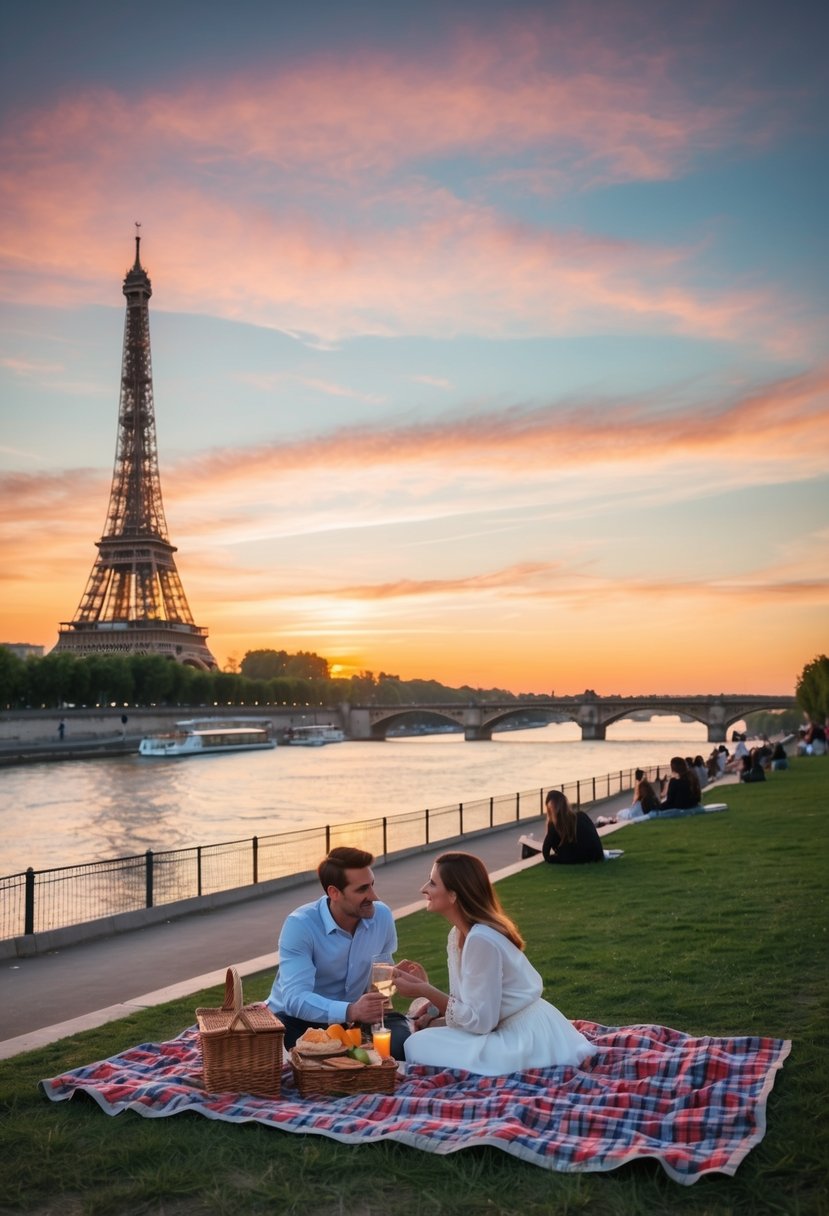 A romantic sunset picnic by the Seine River with the Eiffel Tower in the background