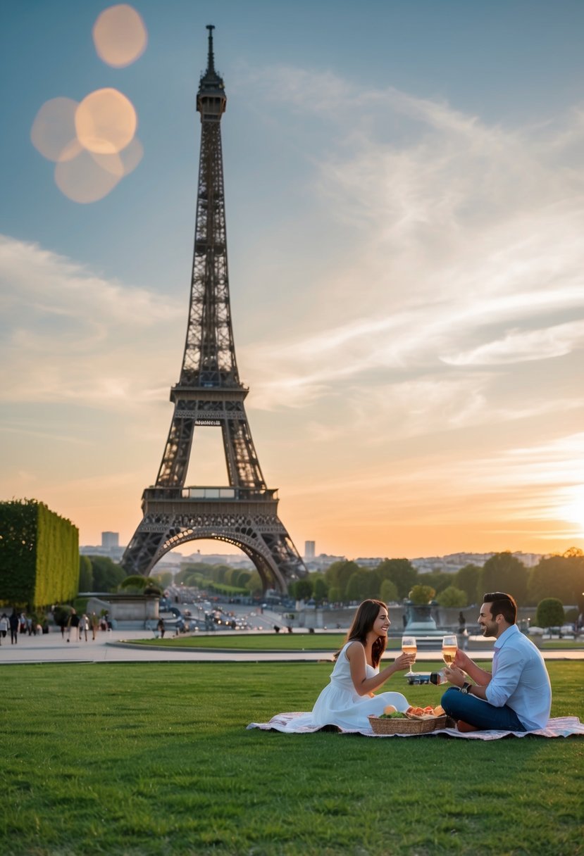 A romantic view of the Eiffel Tower at sunset, with a couple enjoying a picnic in a nearby park
