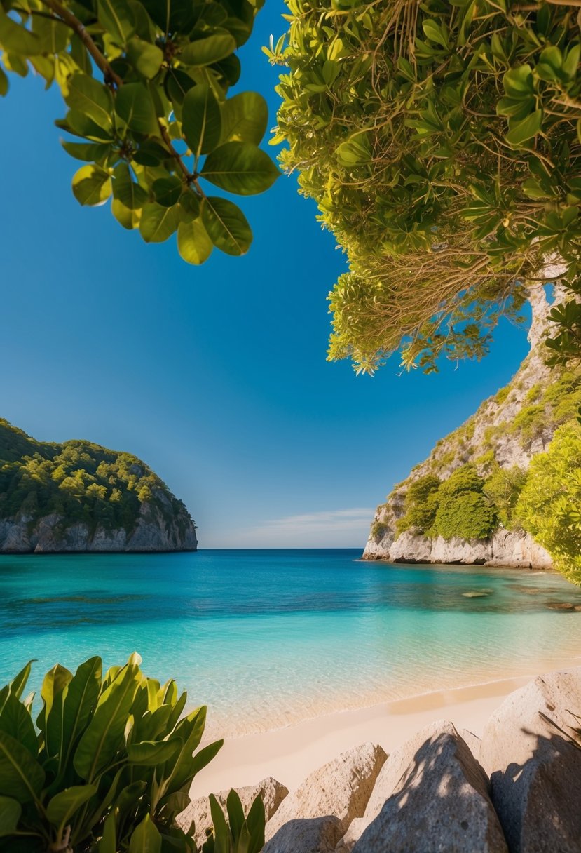 A serene beach with crystal-clear waters and lush greenery, surrounded by rocky cliffs and a clear blue sky