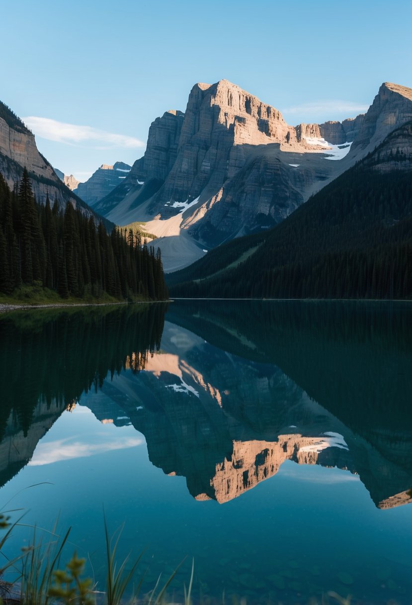 A serene lake reflects the towering mountains of Banff, Canada, surrounded by lush forests and a clear blue sky
