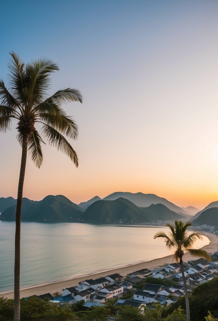 A serene beach at sunset, with palm trees and a calm ocean, overlooking a picturesque coastal village nestled between lush green mountains in Yangyang, South Korea