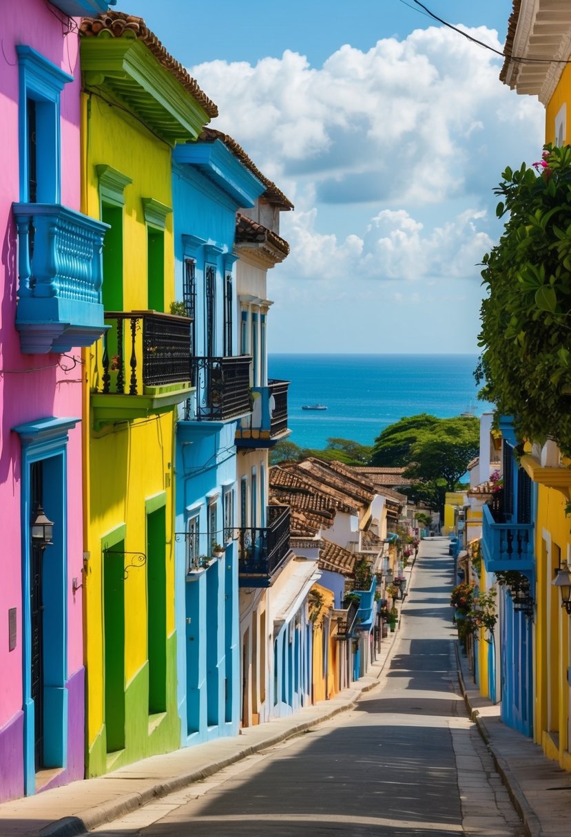 A colorful street in Cartagena, lined with vibrant colonial buildings and lush greenery, with the Caribbean Sea in the background