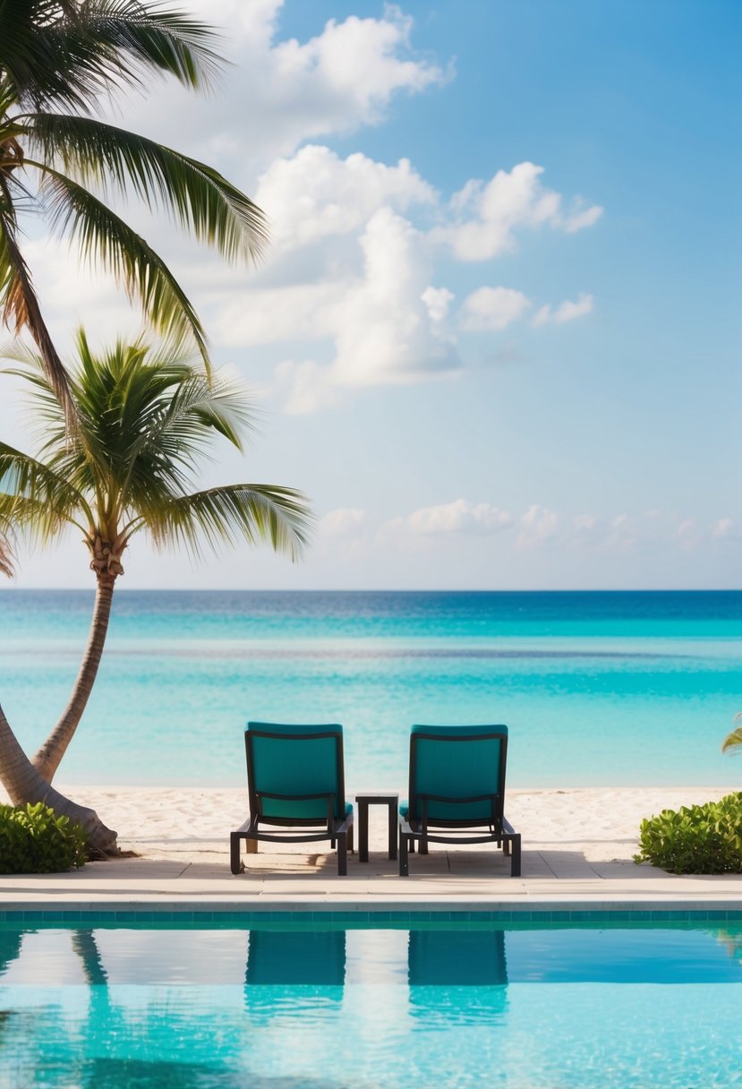 A serene beach with crystal-clear turquoise water, palm trees, and a couple of lounge chairs facing the ocean