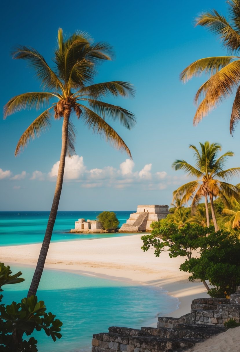 A serene beach with palm trees and turquoise waters, overlooking ancient Mayan ruins in Tulum, Mexico