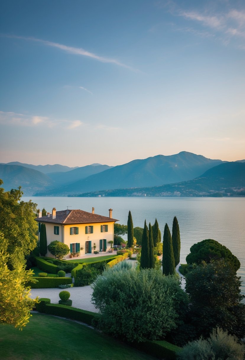 A picturesque lakeside villa nestled among lush greenery, with the tranquil waters of Lake Como stretching out into the distance