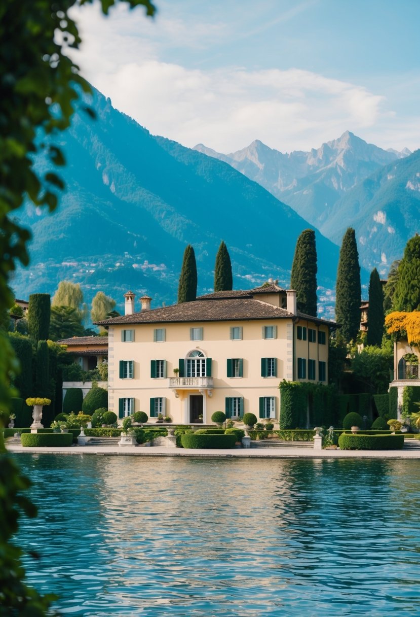 A serene view of Villa d'Este on the shores of Lake Como, with lush gardens and a picturesque backdrop of the surrounding mountains