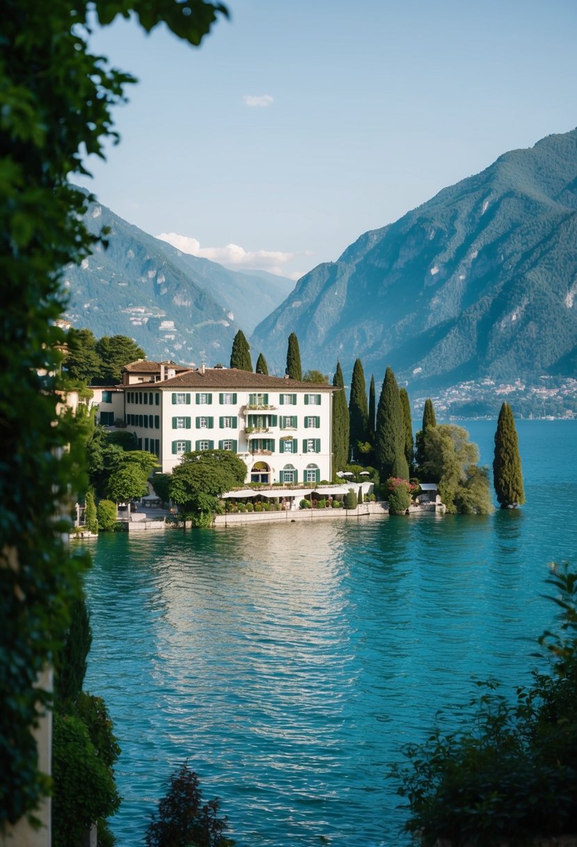 A serene view of Grand Hotel Tremezzo overlooking Lake Como, with lush greenery, sparkling water, and a romantic ambiance perfect for honeymooners