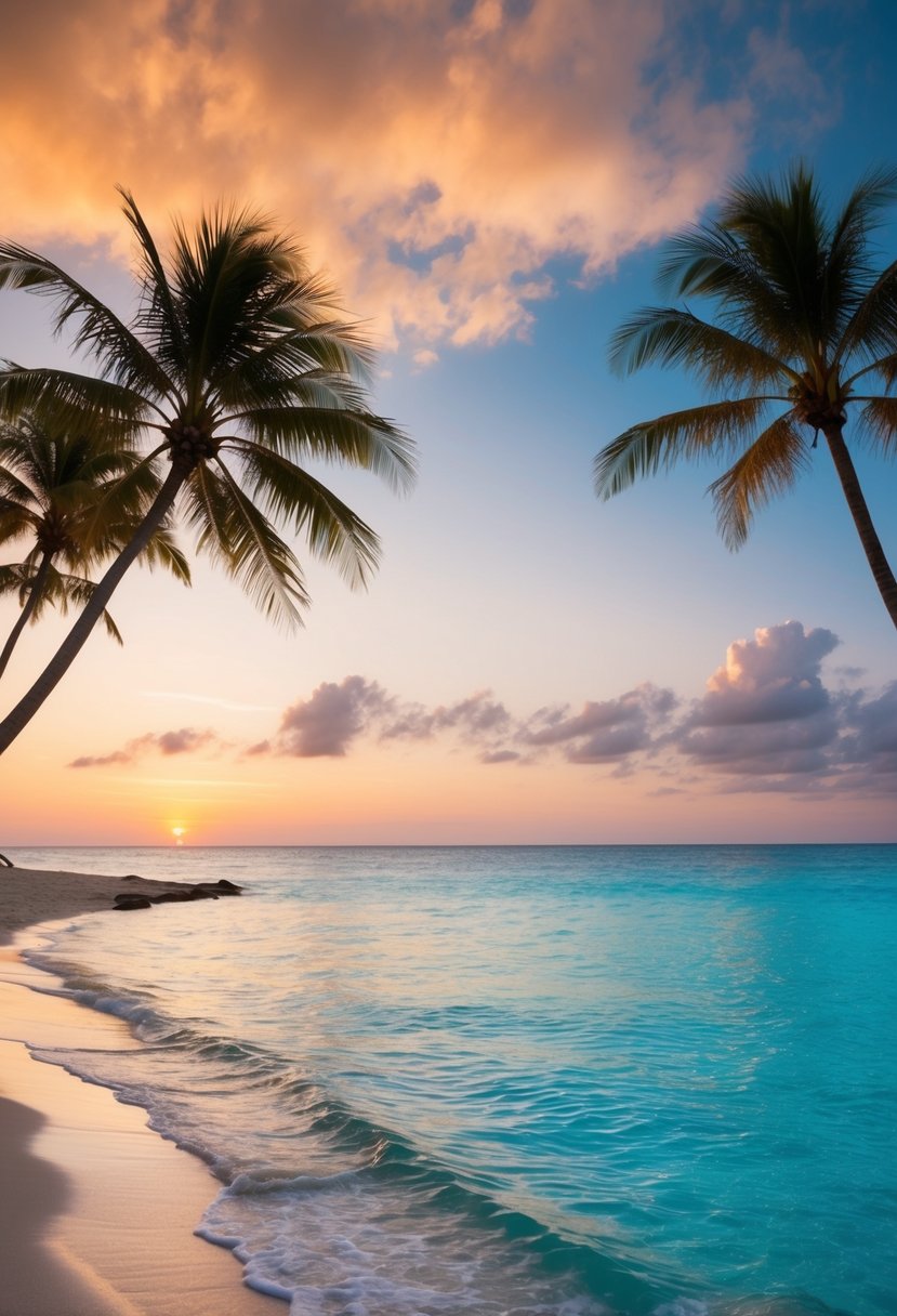 A serene beach with crystal-clear waters, palm trees swaying in the gentle breeze, and a stunning sunset over the horizon