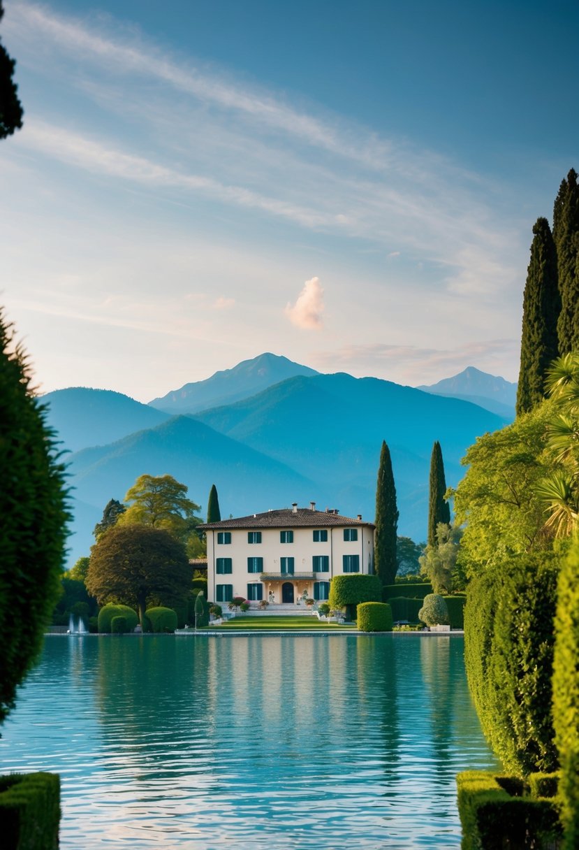 Lush gardens surround a tranquil lake with a view of Villa Melzi, a romantic honeymoon destination in Lake Como