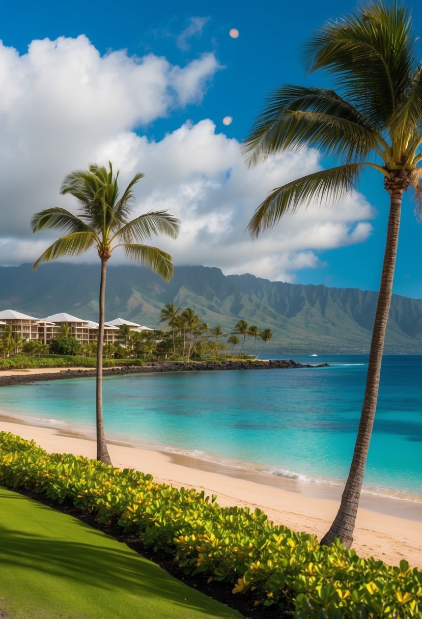 A secluded beach with crystal-clear waters and palm trees, surrounded by luxurious resorts and tropical gardens in Maui, Hawaii