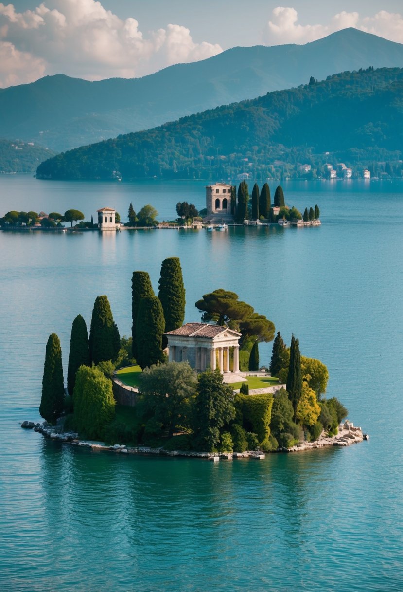 A serene island on Lake Como, with lush greenery, historic ruins, and picturesque views, perfect for a honeymoon getaway