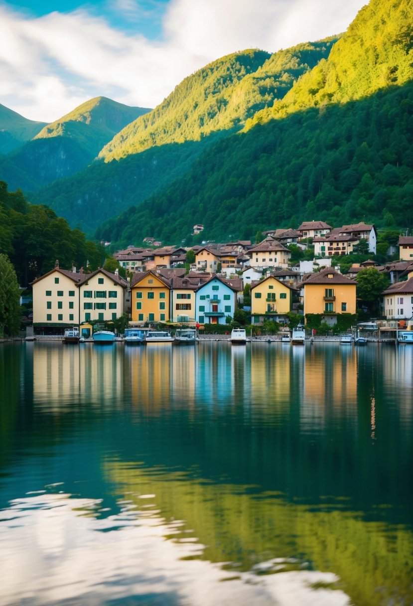 A serene lakeside village, nestled between lush green mountains, with colorful buildings lining the water's edge