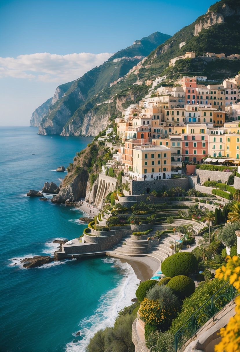 A cliffside villa overlooks the turquoise waters of the Amalfi Coast, with terraced gardens and colorful buildings cascading down the hillside