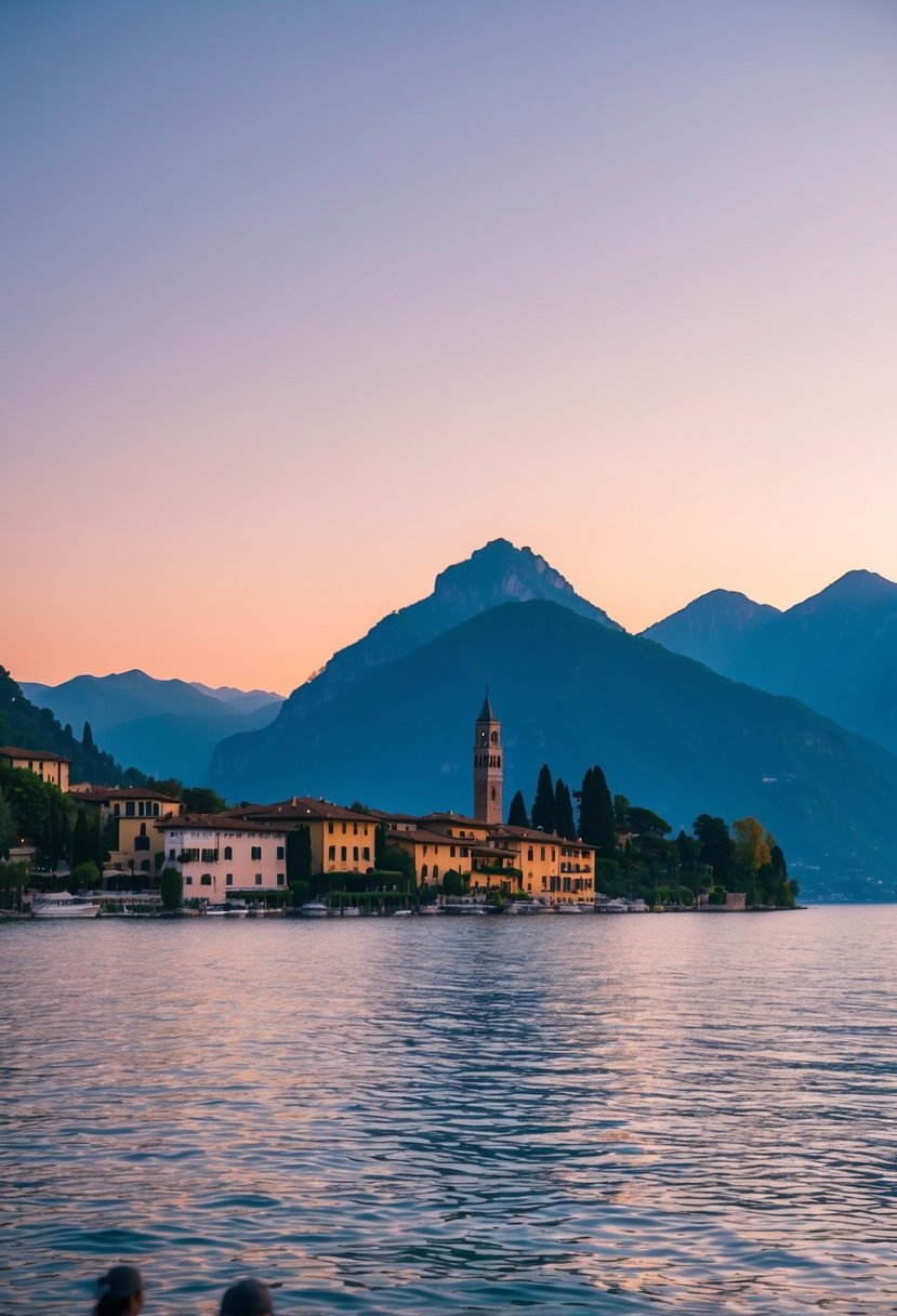 A serene sunset over Lake Como, with the Bellagio village nestled among the lush greenery of the surrounding mountains