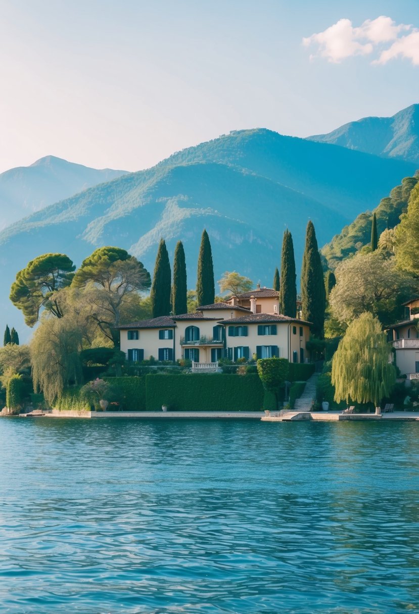 A serene villa nestled on the shores of Lake Como, surrounded by lush greenery and overlooking the crystal-clear waters