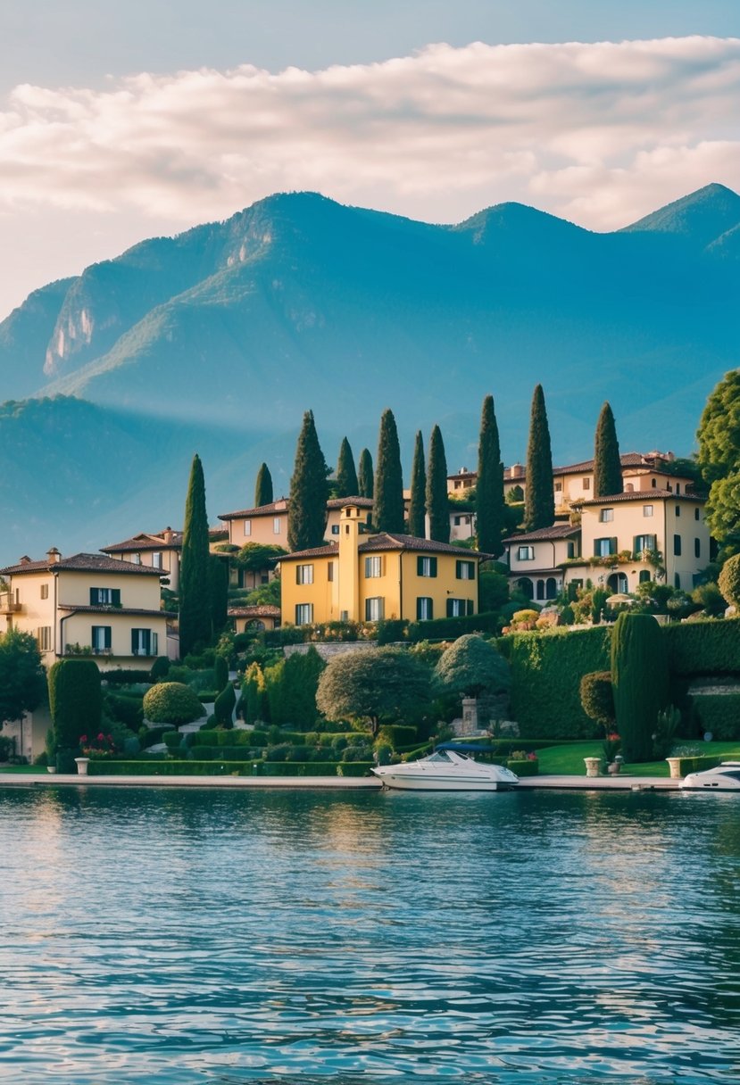 A picturesque view of Cadenabbia, Lake Como, with charming villas, lush gardens, and serene waters