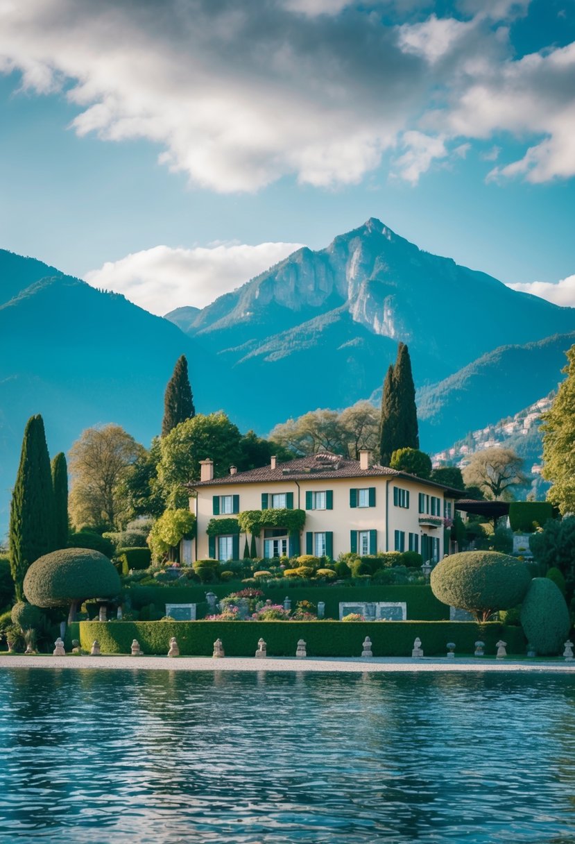 A serene villa nestled on the shores of Lake Como, surrounded by lush gardens and stunning views of the Italian Alps