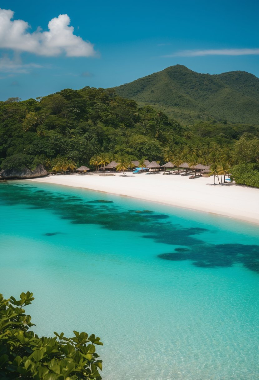 A serene beach at Kuta Mandalika, Lombok, with crystal-clear waters, white sandy shores, and lush greenery