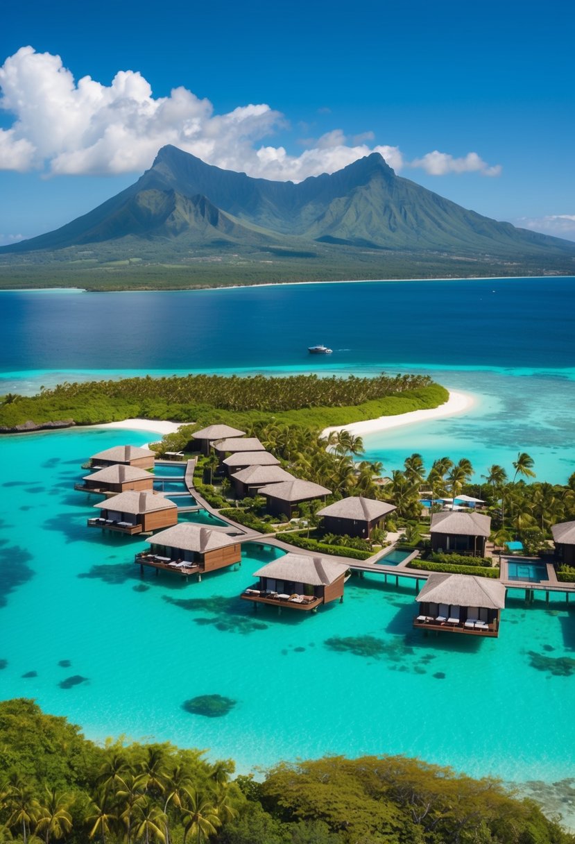 Aerial view of Maui overwater bungalows surrounded by turquoise waters and lush greenery, with clear blue skies and a backdrop of volcanic mountains