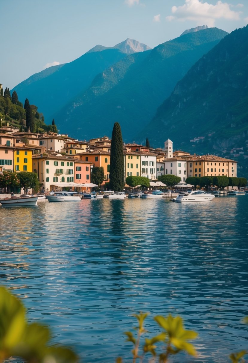 A serene lakeside town with colorful buildings nestled between lush green mountains, boats gliding on the calm waters of Lake Como