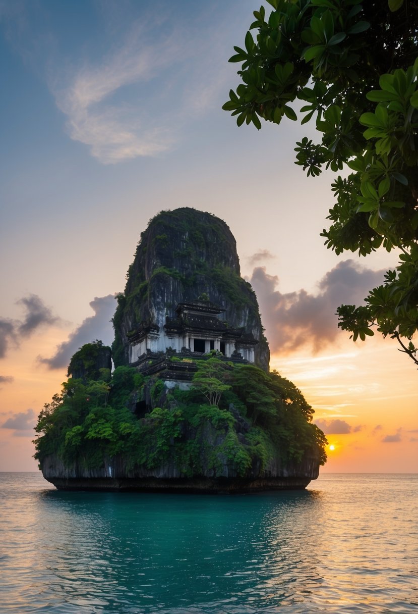 A serene sunset at Batu Bolong Temple, with the iconic rock formation and lush greenery overlooking the ocean
