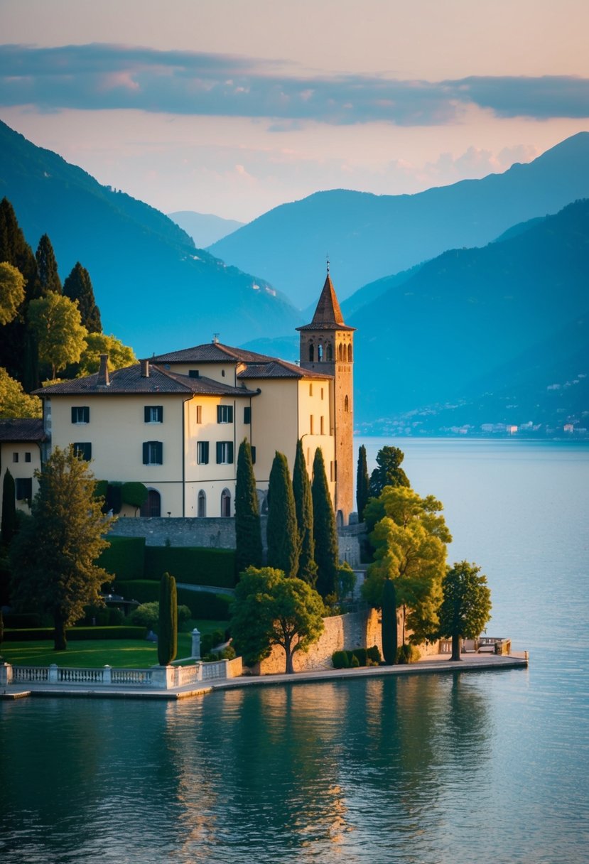 A serene view of Castello di Vezio overlooking Lake Como, perfect for honeymooners seeking a romantic destination