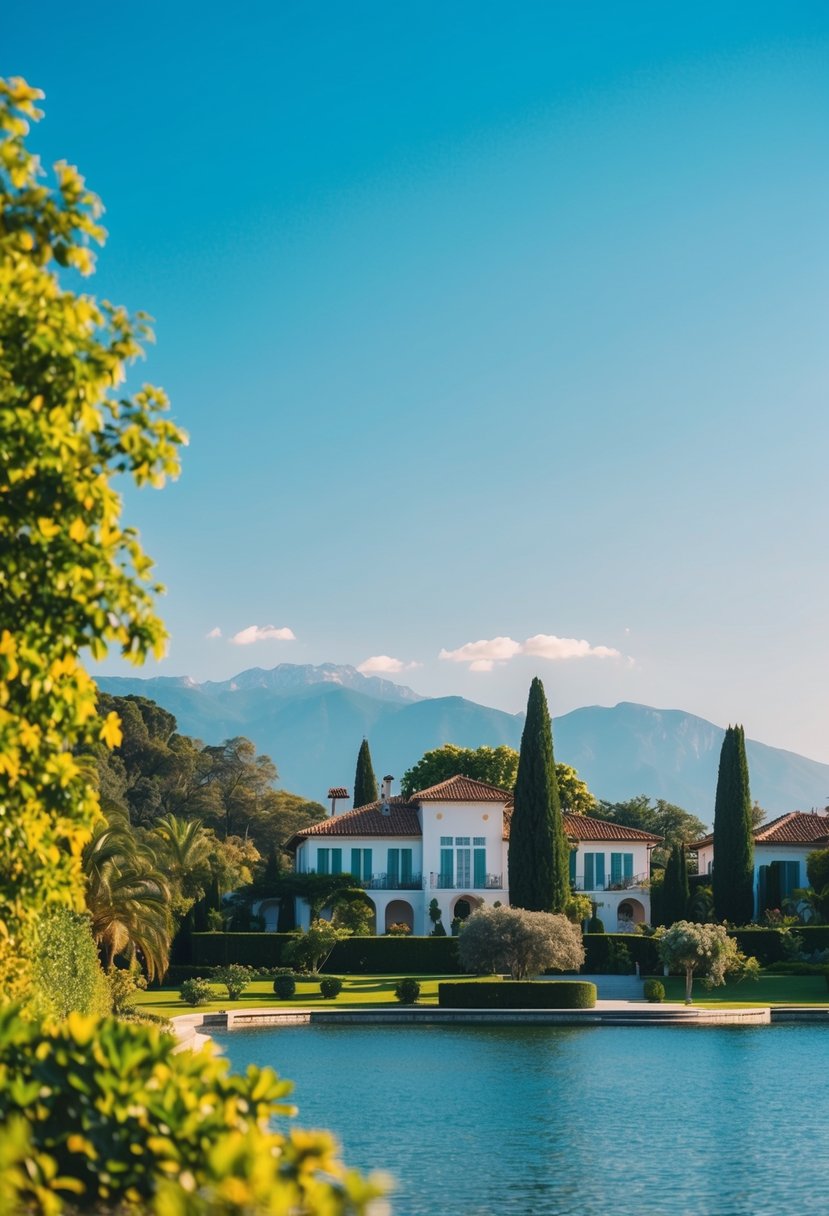 A serene lakeside view with lush greenery, elegant villas, and distant mountains under a clear blue sky