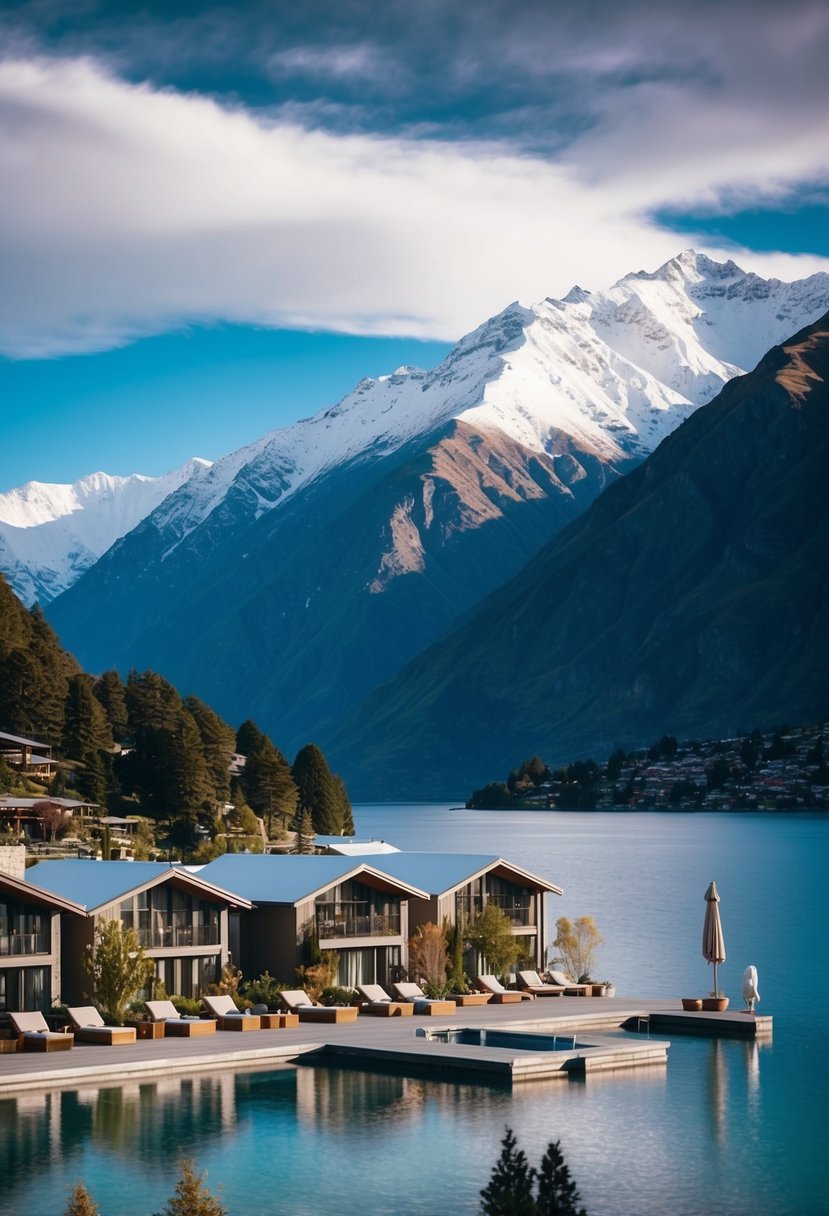 A serene lakeside resort nestled among snow-capped mountains in Queenstown, New Zealand, with luxurious villas and spa facilities