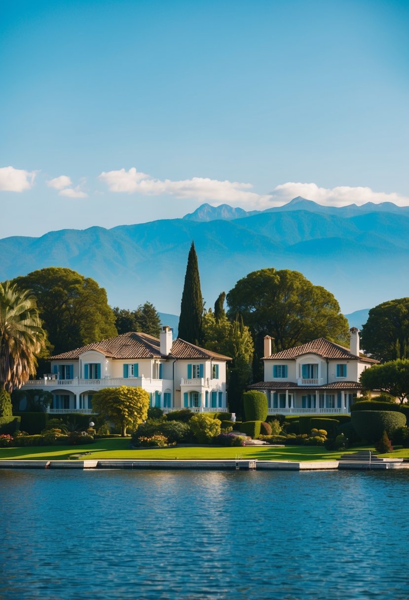 A serene lakeside with charming villas, lush gardens, and distant mountains under a clear blue sky