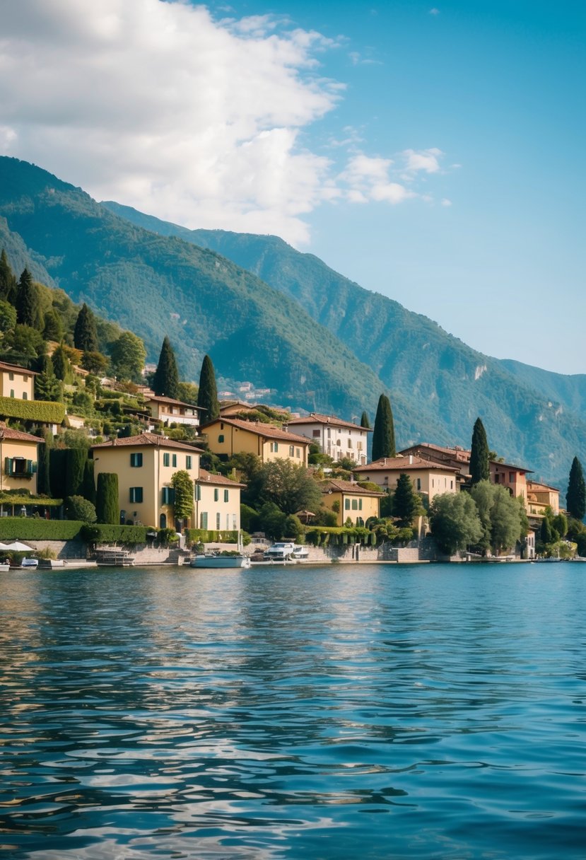 A serene lakeside town with charming villas and lush greenery, overlooking the sparkling waters of Lake Como