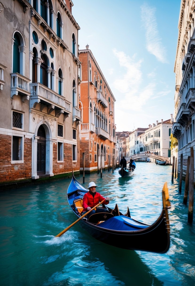 A gondola glides through the narrow canals of Venice, passing by elegant palaces and historic buildings adorned with ornate architecture
