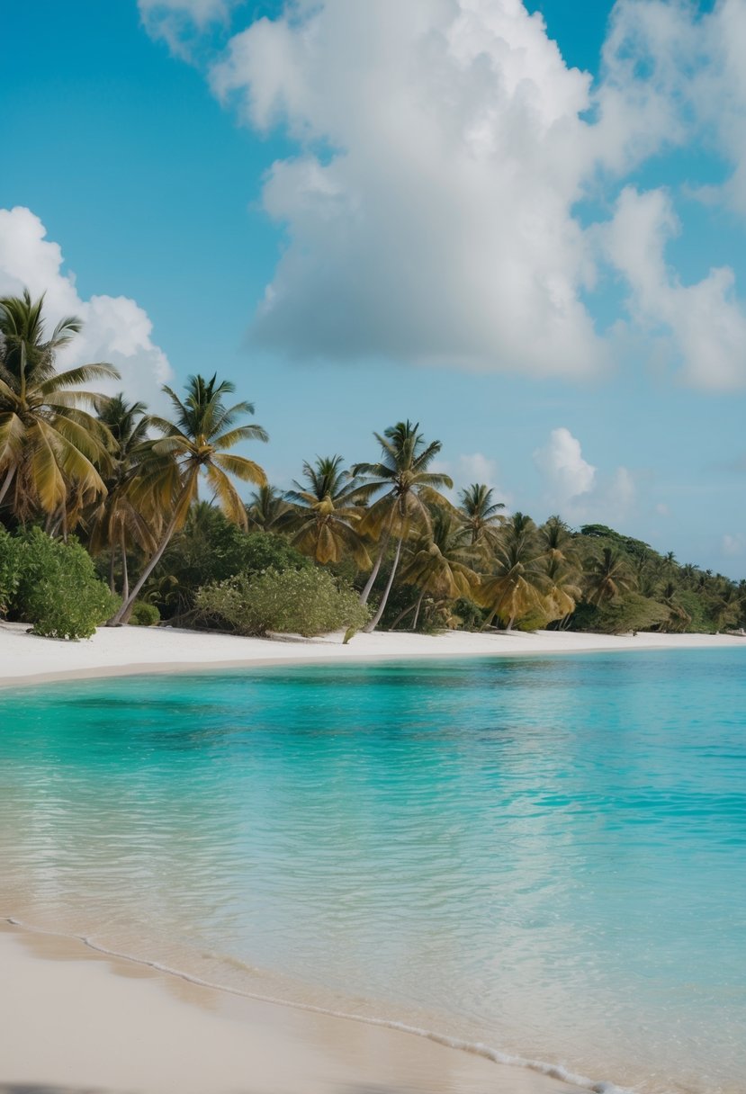 A tranquil beach on Gili Nanggu, Lombok, with crystal clear waters, white sandy shores, and lush green palm trees