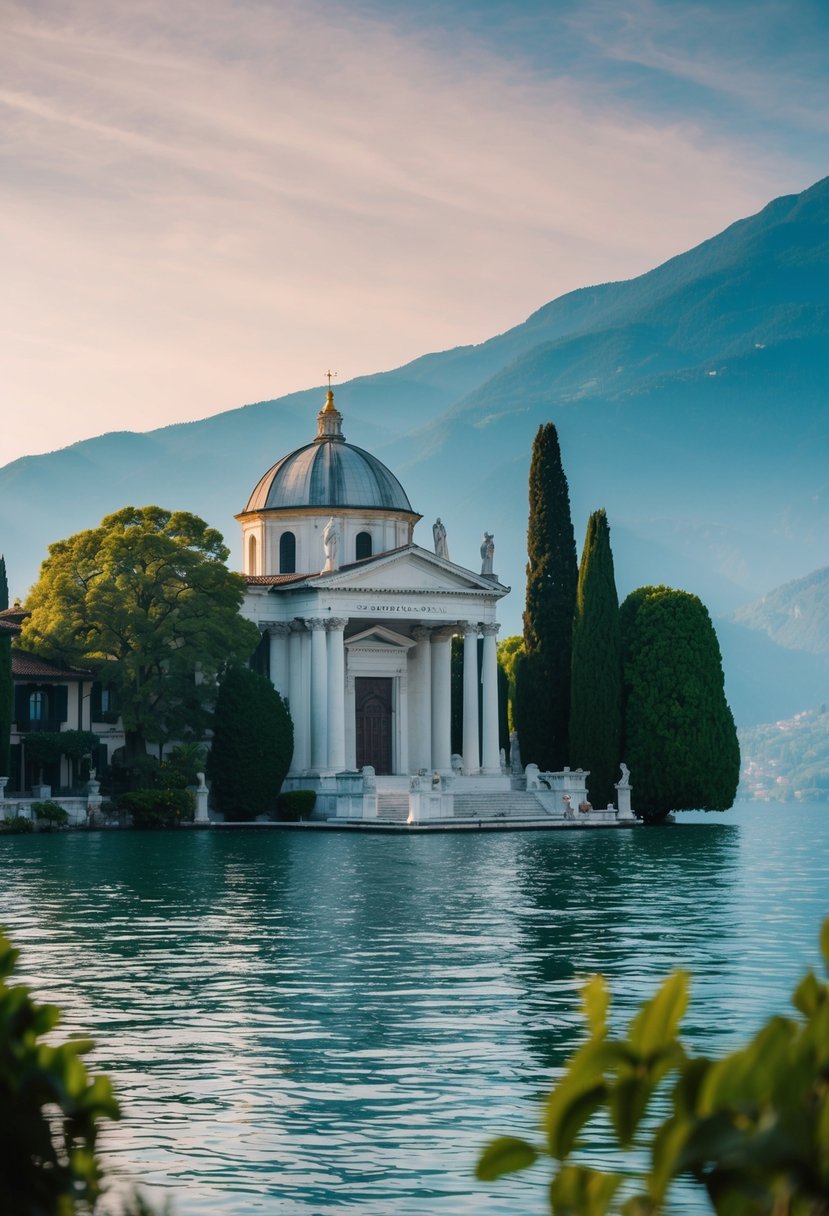 A serene view of the Temple of San Giorgio on Lake Como, with lush greenery and a peaceful atmosphere