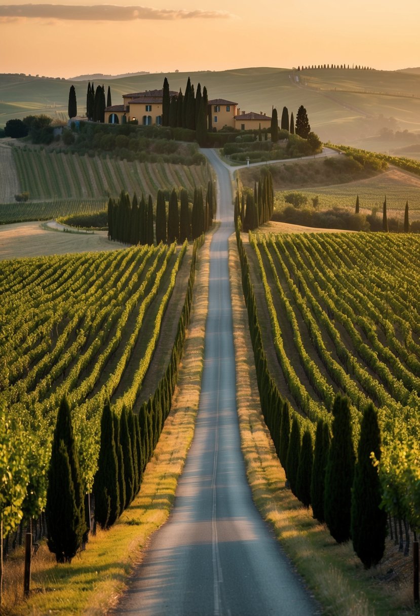 Rolling hills of vineyards meet cypress-lined roads under a golden sun, leading to luxury villas nestled among the Tuscan countryside