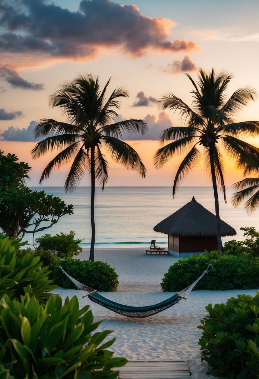 A tranquil beach at sunset in Bali, Indonesia with palm trees, a hammock, and a small bungalow surrounded by lush greenery