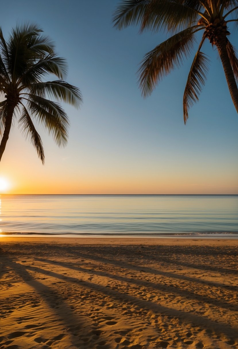 A serene beach at sunset, palm trees casting long shadows on the golden sand. The ocean stretches out into the distance, calm and inviting