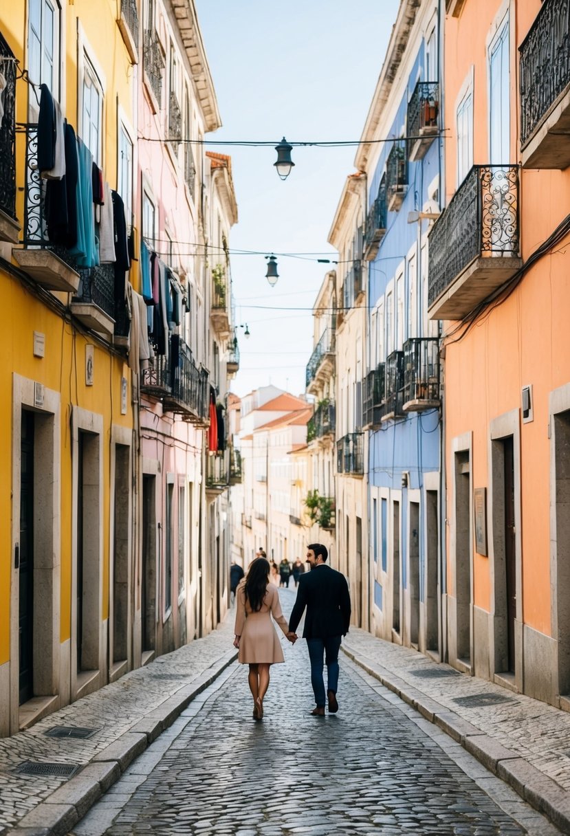 A charming cobblestone street in Lisbon, lined with colorful buildings and laundry hanging from balconies. A couple strolls hand in hand, taking in the city's vibrant energy
