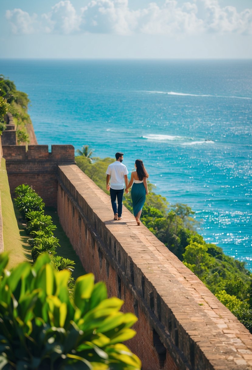 A couple strolling along the ancient walls of Galle Fort, surrounded by lush greenery and overlooking the sparkling blue waters of the Indian Ocean